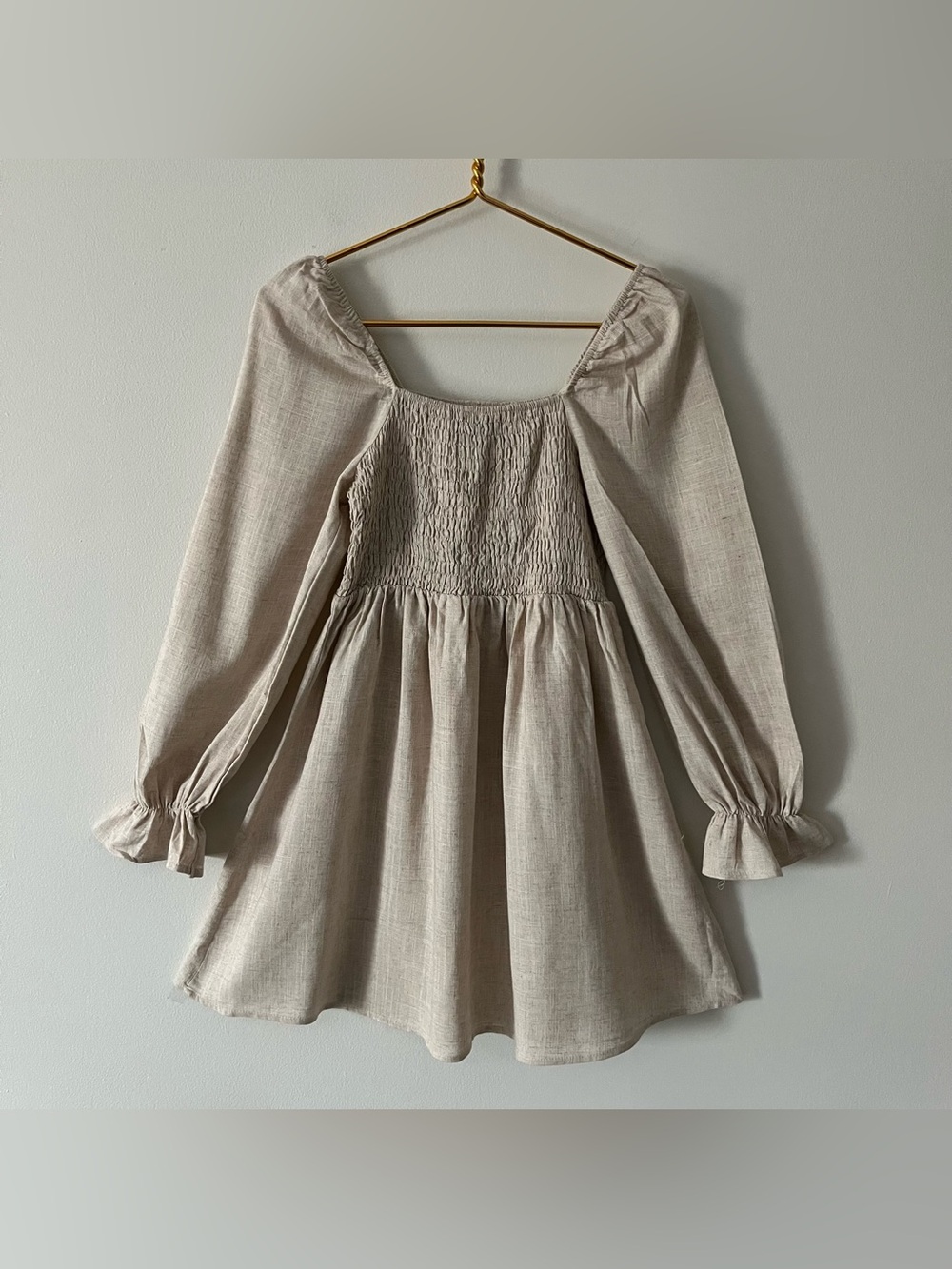 In the Beginning Oatmeal Beige Linen Cotton Smocked Peasant Milkmaid Midi Dress